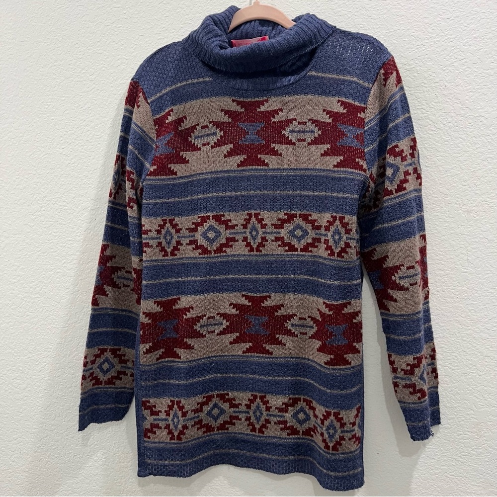 Aztec Pattern Women’s Sweater cowl neck blue, red,‎ grey Juniors XL